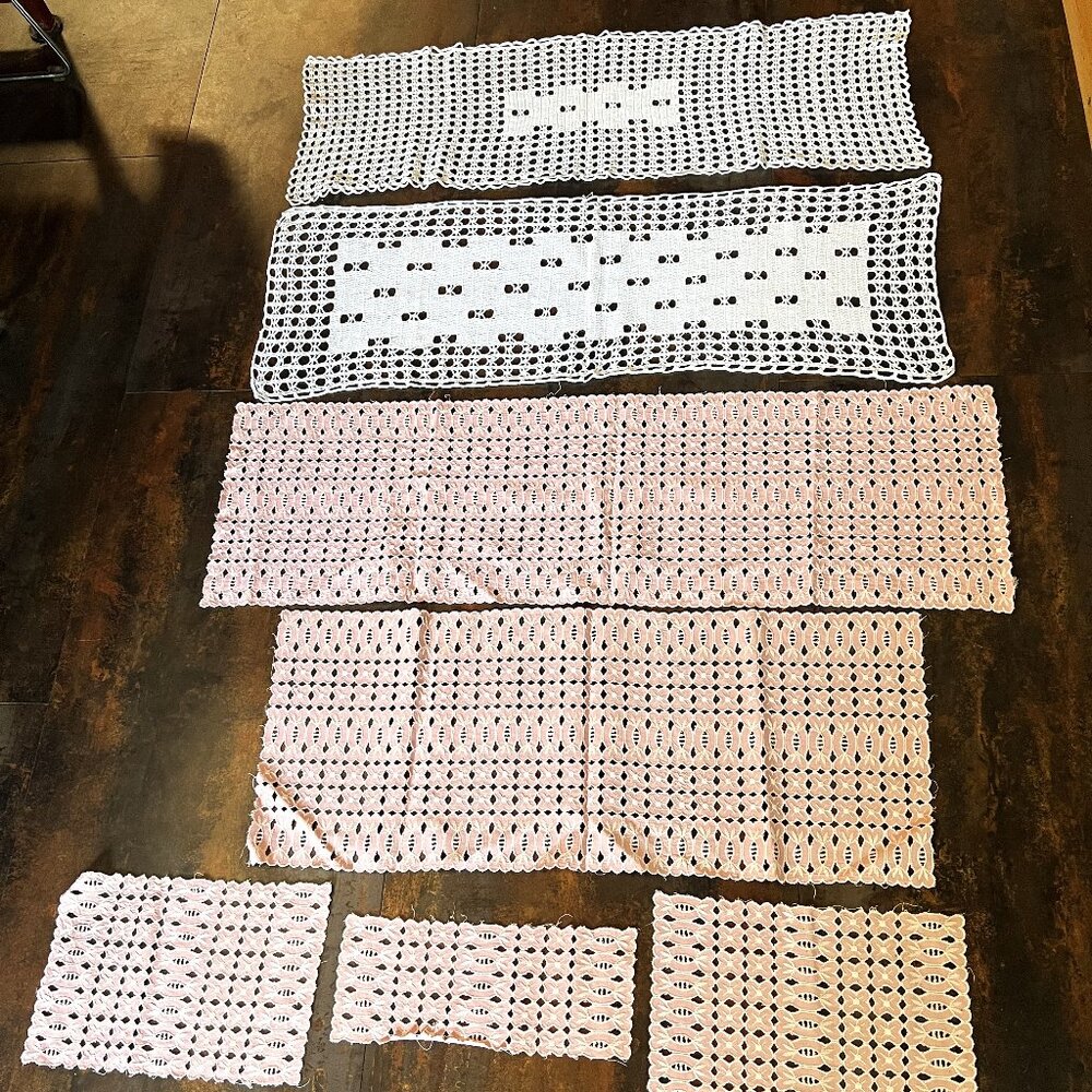 7 Count Vintage White & Pink Rectangular Eyelet Lace Doilies, Various Sizes